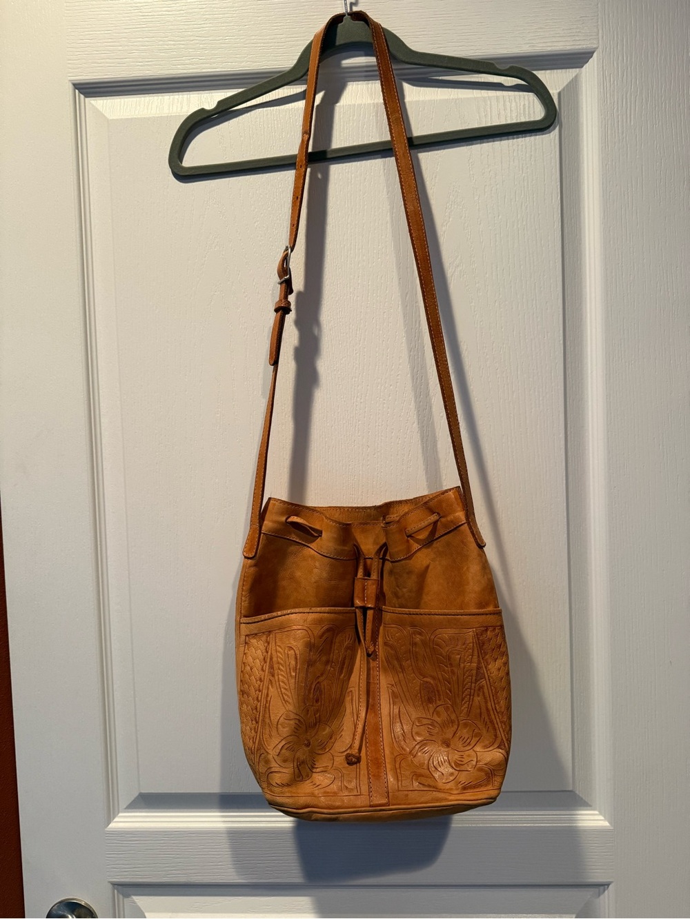Tan Leather Drawstring Shoulder Bag with Floral Tooled Detail